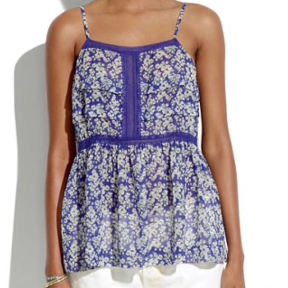 Madewell Floral Silk Top with Lace Inserts